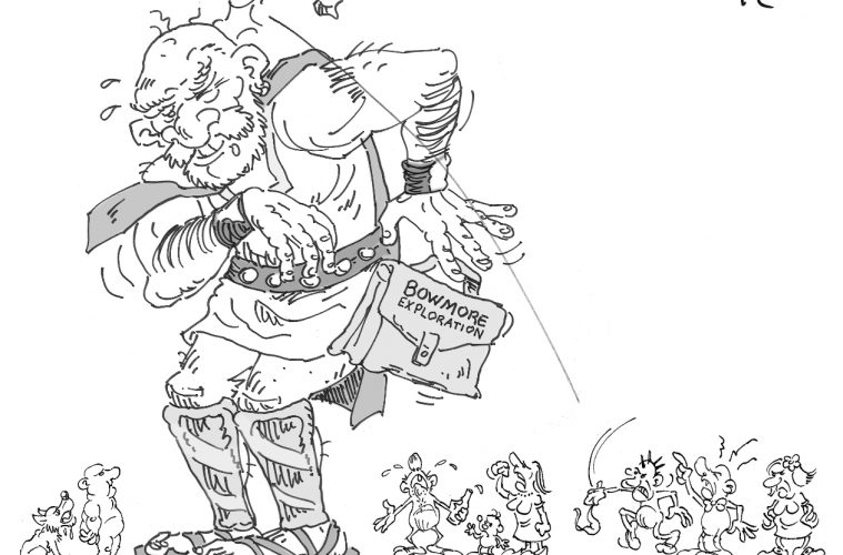 Quand Goliath se frotte Ã  St-Camille. Caricature: Alexandre April