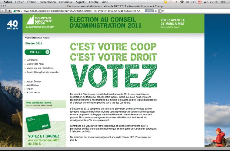 Les membres de Mountain Equipment Co-op sont appelés à élire leur conseil d’administration. Le scrutin se déroule sur le site Web de la coopérative avant le 31 mars. - Photo: N.Falcimaigne